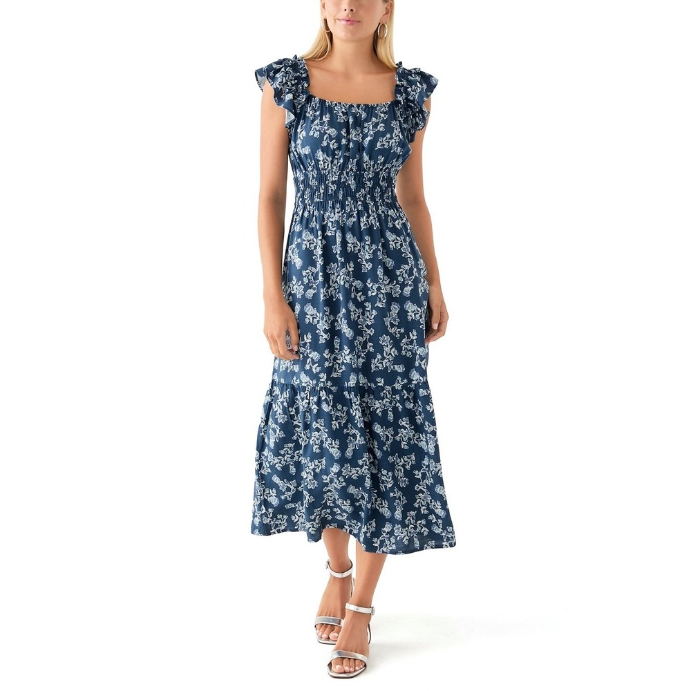 Lucky Brand Navy Blue‎ Floral Smocked Midi Dress Pockets Womens S Peasant  Boho